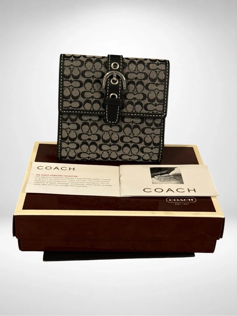 COACH Soho Signature Compact Wallet Black Jacquard Leather Buckle Y2K NWT - Picture 1 of 11